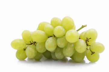 Close-up of a cluster of fresh green grapes on a white backdrop, highlighting natural and healthy summer fruit