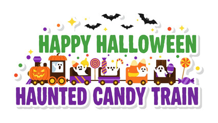 Haunted Halloween Candy Train: A whimsical Halloween train filled with playful ghosts and treats, gliding through a festive holiday display of candies and creatures.