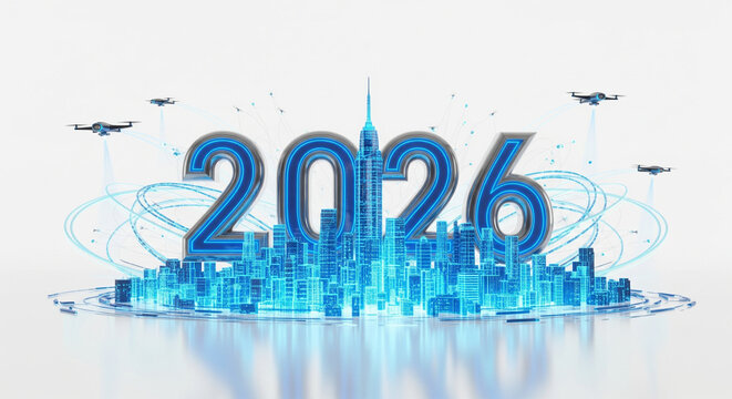 Holographic blue city skyline with drones and the year 2026 representing future urban technology and innovation - Powered by Adobe