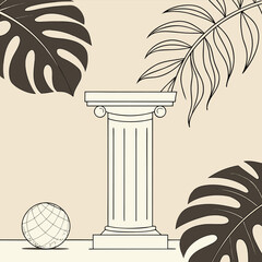 Carved pillar and world globe rest amongst monstera and palm fronds in a drawing