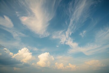 Obraz premium Gentle fluffy clouds against a calm azure sky, perfect for creative backgrounds