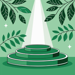 Green tiered podium illuminated by spotlight showcases botanical elements on a light green background