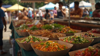Fototapeta premium Outdoor market scene with vegetable salads served in eco-friendly plates at a street food event