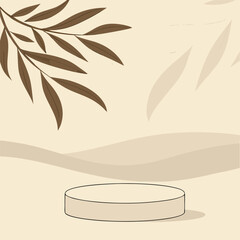 Minimalist round podium with brown leaves creates a simple neutral zen atmosphere