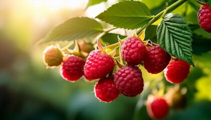 fresh and juicy raspberries hanging from a branch with vibrant green leaves the image captures the essence of a fruitful season