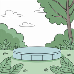 Round blue stage surrounded by cartoon trees stands peacefully under fluffy clouds on green field