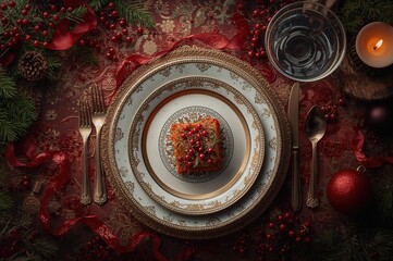 Festive dining arrangement featuring a plate, silverware, red ribbon, and berries. Seasonal celebration backdrop with top-down perspective.