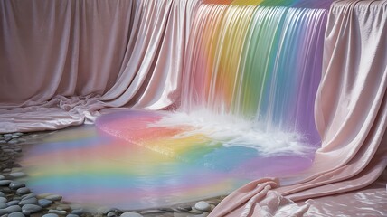 A rainbow waterfall with pink curtains in a surreal and dreamy scene