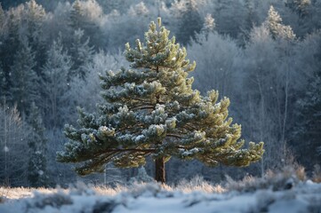 Pine tree covered with snow in a woodland