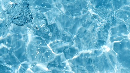 Obraz premium Gentle ripples and droplets on a tranquil, clear blue surface. A contemporary, abstract natural backdrop. Sunlit water movement with empty space for text.