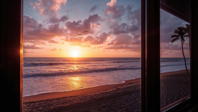 Fototapeta Dawn breaking over the shore seen through a window
