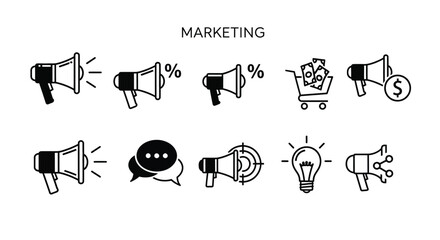 Doodle icons set for marketing business growth advertising promotion and communication concepts vector