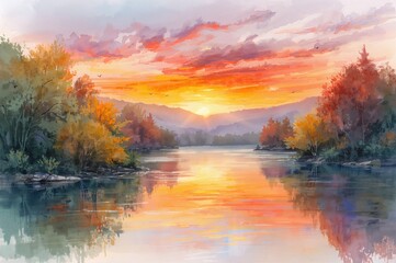 Naklejka premium Breathtaking autumn sunset over a flowing river with vivid hues