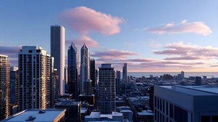 Obraz premium Towering skyscrapers and sleek modern buildings dominate the cityscape, with a vibrant sunset casting colorful reflections across the urban landscape.