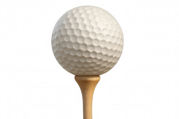 Golf ball sitting on wooden tee ready for a swing, showing sport, game, and hobby equipment on transparent background