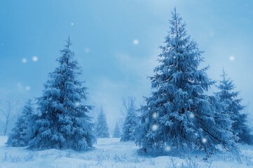 Fototapeta premium Tranquil azure holiday trees in a chilly morning setting. Frosty seasonal landscape perfect for background use. HDR effect.
