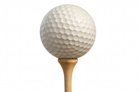 Golf ball sitting on wooden tee ready for a swing, showing sport, game, and hobby equipment on transparent background