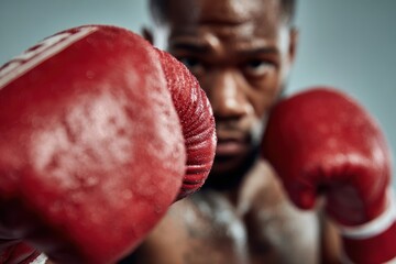 Man in red boxing gloves throws a punch in the air
