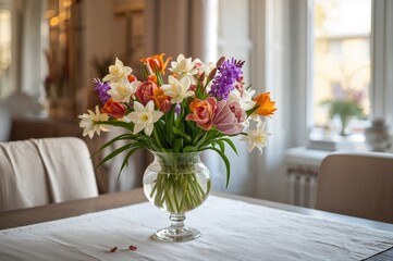 Floral arrangement placed on a table inside a cozy room