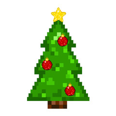 Vector Pixel style Christmas tree isolated transparent. Pixel art Christmas Tree with red ball gold star template design. Ideal XMAS Happy New Year greeting card poster social media decor.
