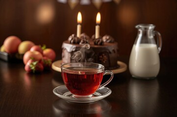 Fototapeta premium Cup of tea accompanied by a slice of cake on a dim surface, featuring elements like dessert, dairy, fruit, and festivity