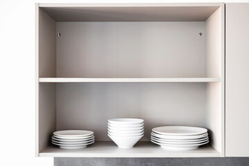 Modern, simple kitchen dish cabinet with stacked bowls and dishes, no people