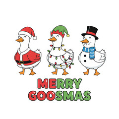 Three Cartoon Geese Dressed for Christmas as Santa Snowman and Elf goose duck isolated on a transparent background