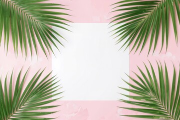 Obraz premium Tropical palm foliage with blank paper on a pink backdrop, summer theme, aerial view, space for text, square format