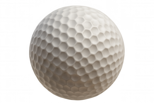White golf ball with dimple pattern, showing recreational sports equipment for fairway and green play