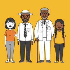 Fototapeta premium Diverse Multi-Generational Family Group Illustration on Yellow Background