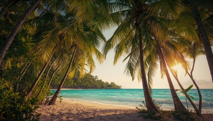 Fototapeta premium Beautiful palm trees around the shoreline with water at dawn or dusk