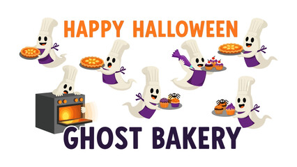 Happy Halloween Ghost Bakery: A whimsical and festive illustration of a ghost bakery in full swing for Halloween, filled with smiling ghost chefs baking and serving a variety of delightful treats.