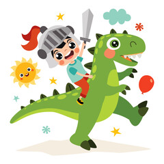 Cartoon Kid Riding Cute Dinosaur
