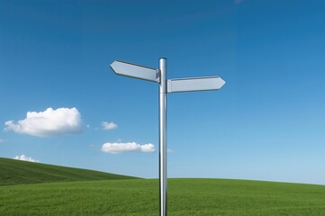 Fototapeta premium Four-way directional signpost with empty panels set against a clear blue sky