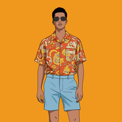 Fototapeta premium Cool Man in Hawaiian Shirt, Shorts, and Sunglasses on Orange Background. Summer Fashion Illustration.