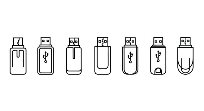 Collection of various usb flash drives icons for data storage and technology concepts vector