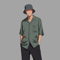 Stylish faceless person in bucket hat and casual shirt, minimalist vector illustration of contemporary street fashion