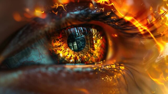 Video clip Close-up shot of a person's eye with flames in the pupil, possibly for a fantasy or horror scene