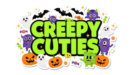 Creepy Cuties Design: A playful arrangement of spooky illustrations, featuring charming ghosts, grinning pumpkins, and mischievous monsters, set against a backdrop of stars, bats, and candy accents.