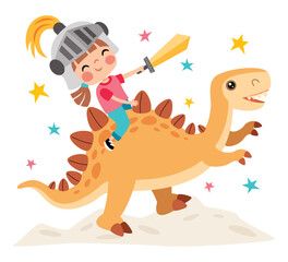 Cartoon Kid Riding Cute Dinosaur