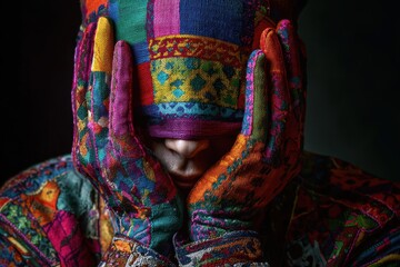 Person in vibrant attire hiding his face