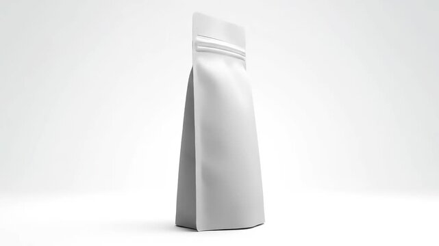Blank Matte Silver Stand-Up Pouch Doypack Rotating on White Background. Empty Flexible Food Packaging Mockup with Zipper for Coffee