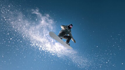 a teenager snowboarding against a clear blue sky. The image, taken from a low angle, highlights the snowboarder in the center of the composition
