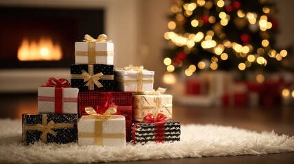 Christmas Gifts by Fireplace and Tree