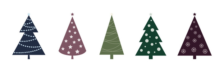 Christmas tree isolated on a white background, set of icons, vector, flat design. A festive multicolored element for decoration, posters, postcards. The symbol of Christmas and new year in trendy 