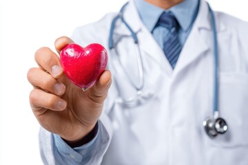 Physician with a stethoscope cradling a heart on a white background