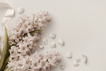High-resolution photo of a spring-themed setup featuring hyacinths on a pale backdrop