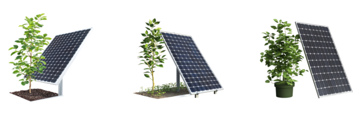 Collection of solar panel standing next to a green plant, representing eco-friendliness. full length isolate on transparent background