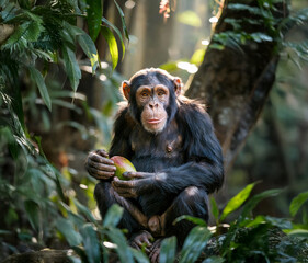 Chimpanzee In Dense Jungle Feeding On Mango In Natural Habitat, Surrounded By Lush Leaves