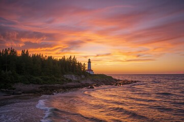 Naklejka premium Dramatic clouds at dusk over a coastal forest and small lighthouse by the sea